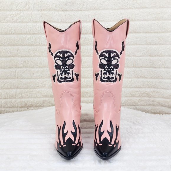 Ghost Rider Embroidered Skull & Bones Pink Cowboy Western Cowgirl Boots New - Picture 7 of 12